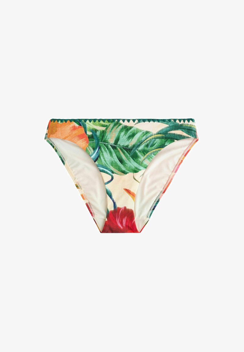 Bas de bikini pour femme avec imprimé floral tropical en vert, orange et rouge sur fond crème, doté d'une ceinture à bord festonné.