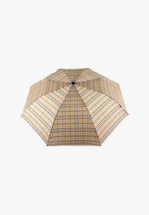 Beiger Regenschirm mit kariertem Muster in Braun, Blau und Weiß. Achtteiliges Design mit einem zentralen schwarzen Knopf.