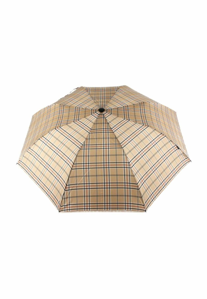 Beige umbrella with a checkered pattern featuring brown, blue, and white lines. Eight-segment design with a central black knob.