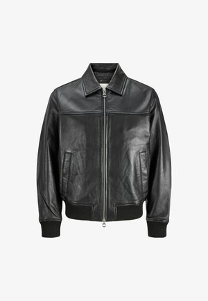 Veste bomber en cuir noir avec fermeture éclair avant, poches latérales, poignets et ourlet côtelés, et col classique.