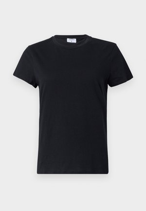 Black short-sleeve t-shirt made of cotton, featuring a crew neckline and a simple, smooth texture with no printed design or accents.