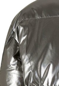 Doudoune grise, brillante, avec une texture lisse et brillante, un design structuré et des coutures visibles sur l'épaule.