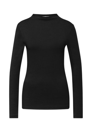 Czarny długi rękaw top wykonany z gładkiego, elastycznego materiału; posiada wysoki dekolt i dopasowany krój, co zapewnia smukły kształt sylwetki.