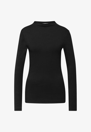 Czarny długi rękaw top wykonany z gładkiego, elastycznego materiału; posiada wysoki dekolt i dopasowany krój, co zapewnia smukły kształt sylwetki.