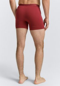 Bordeauxfarbene Stretch-Boxershorts mit einer schmalen Passform, elastischem Bund und glatter Textur, von hinten betrachtet.