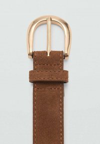 Brown suede belt with a gold-tone metal buckle. Features a flat, smooth texture and a stitched seam along the length of the strap.