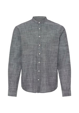 Graues langärmeliges Hemd mit Knöpfen und Stehkragen, aus strukturiertem Stoff gefertigt, mit weißen Knöpfen vorne.