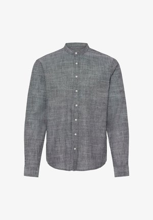 Grå langermet skjorte med knappestolpe og mandarinkrage, laget av teksturert stoff med hvite knapper foran.