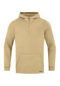 Felpa beige con tasca a kangaroo frontale, colletto half-zip e dettaglio con logo. Realizzata in un tessuto morbido con una superficie liscia.