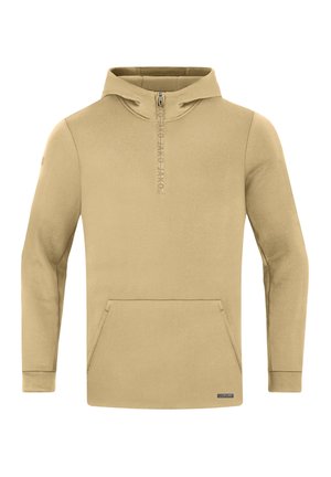 Beige Kapuzenpullover mit vorderer Kängurutasche, Halb-Reißverschluss-Kragen und Logodetails. Aus weichem Material mit glatter Textur gefertigt.