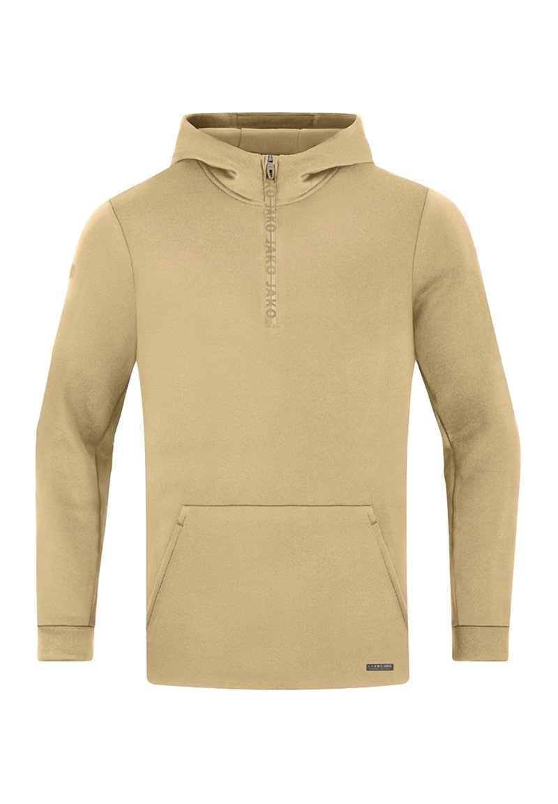 Felpa beige con tasca a kangaroo frontale, colletto half-zip e dettaglio con logo. Realizzata in un tessuto morbido con una superficie liscia.