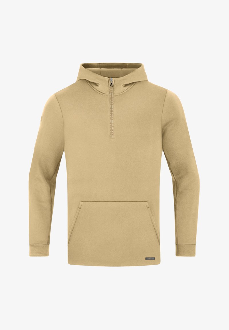 Felpa beige con tasca a kangaroo frontale, colletto half-zip e dettaglio con logo. Realizzata in un tessuto morbido con una superficie liscia.