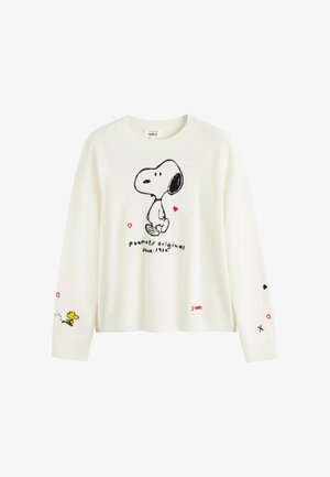 Weißer Pullover mit Snoopy- und Woodstock-Stickerei. Inklusive roter Herzen und schwarzen Akzenten. Weiche Textur mit geripptem Halsausschnitt und Bündchen.