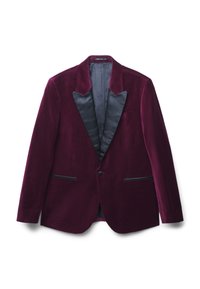 Burgunder-roter Samtblazer mit satinierten schwarzen Revers, einreihiger Knopfverschluss und zwei Fronttaschen. Weiche Textur und elegantes Design.