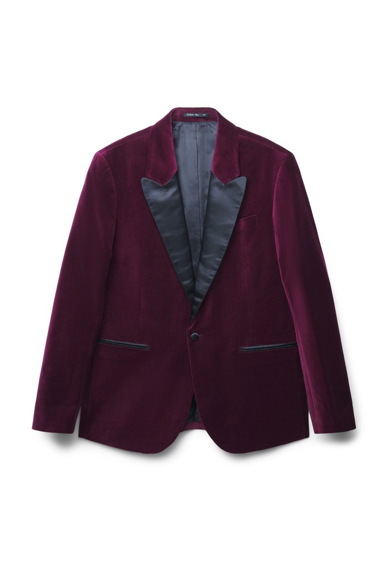 Burgunder-roter Samtblazer mit satinierten schwarzen Revers, einreihiger Knopfverschluss und zwei Fronttaschen. Weiche Textur und elegantes Design.