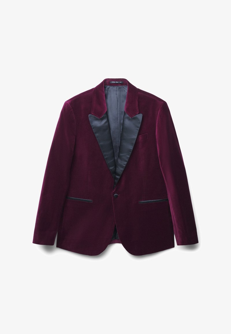 Burgunder-roter Samtblazer mit satinierten schwarzen Revers, einreihiger Knopfverschluss und zwei Fronttaschen. Weiche Textur und elegantes Design.