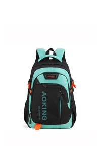 Sac à dos noir et vert menthe avec plusieurs compartiments, fermetures éclair, accents orange, bretelles rembourrées et une texture durable.
