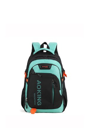 Zaino nero e verde menta con più scomparti, zip, dettagli arancioni, spallacci imbottiti e una texture resistente.