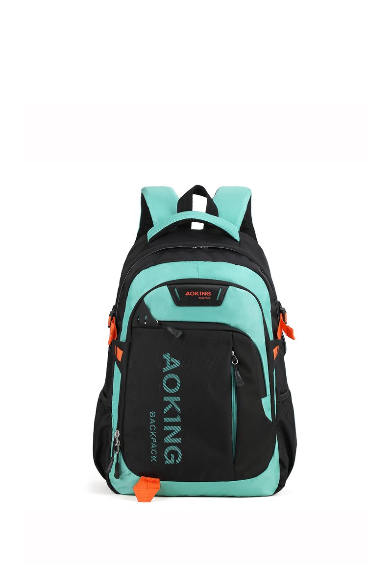 Sac à dos noir et vert menthe avec plusieurs compartiments, fermetures éclair, accents orange, bretelles rembourrées et une texture durable.