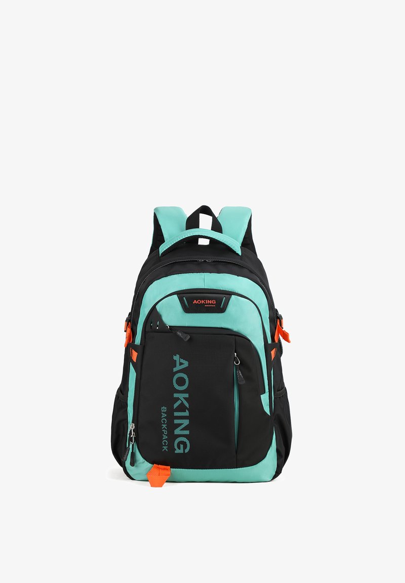 Zaino nero e verde menta con più scomparti, zip, dettagli arancioni, spallacci imbottiti e una texture resistente.