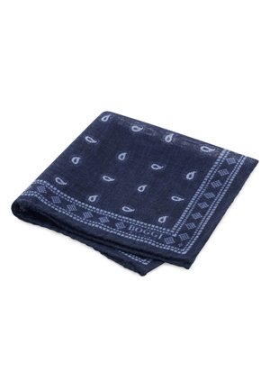 Gefaltetes dunkelblaues Taschentuch mit hellblauen Paisley- und geometrischen Randmustern auf weißem Hintergrund.