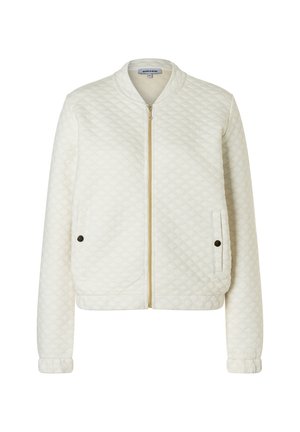White quilted bomber jacket with gold zipper, two front snap button pockets, and ribbed collar and cuffs.