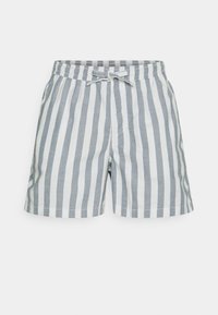 Herrshorts i ljusgrå och vit vertikalrandig mönster. Tillverkade av mjukt tyg med elastisk midja och snörning.