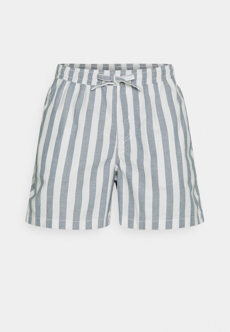 Herrshorts i ljusgrå och vit vertikalrandig mönster. Tillverkade av mjukt tyg med elastisk midja och snörning.