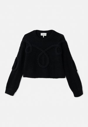 Mustakattu musta neulepaita, jossa on lyhyt malli, teksturoitu kangas sekä letitetyt yksityiskohdat edessä ja hihoissa.