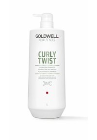 Goldwell Dualsenses Curly Twist hydrating shampoo in a 1L white bottle with a pump, featuring green text and color protection label.