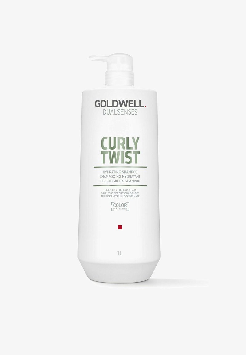 Goldwell Dualsenses Curly Twist hydrating shampoo in a 1L white bottle with a pump, featuring green text and color protection label.