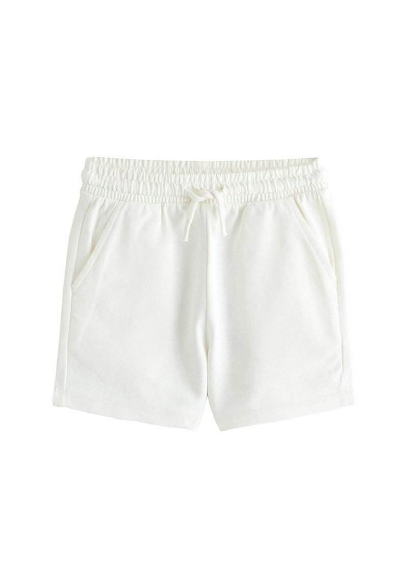 Bílé bavlněné šortky s elastickým pasem a šňůrkou, vybavené dvěma bočními kapsami a hladkou, měkkou texturou.