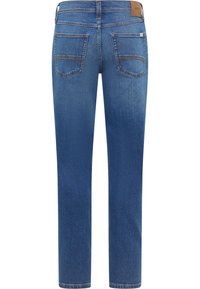 Mörkblå jeans i denim med rak benform, utrustade med två bakfickor och en läderlapp på midjebandet med varumärkeslogo.