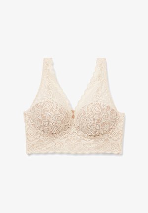 Spitzen-Bralette in hellbeige mit floralen Mustern, einem gewellten Saum entlang des Ausschnitts und der Träger, mit unterlegten Cups und einer dekorativen Schleife.