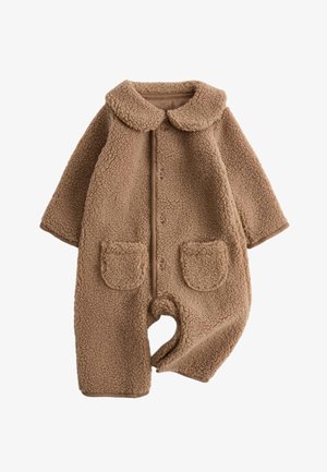 Brun fleece babydragt med lange ærmer, knapper foran, afrundet krave og to forlommer.