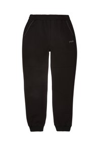 Svarta sweatpants av mjukt tyg, med elastisk midjeband, avsmalnande mudd och subtila stickningar, samt en logo på höften.
