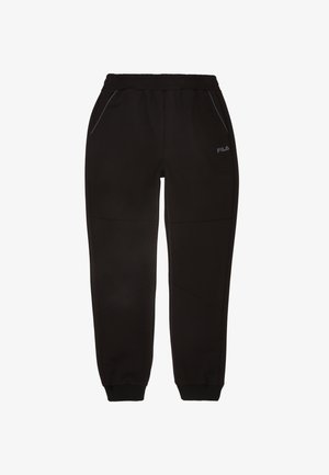 Zwarte sweatpants gemaakt van zacht materiaal, met een elastische tailleband, taps toelopende boorden en subtiele stikseldetails, met een logo op de heup.