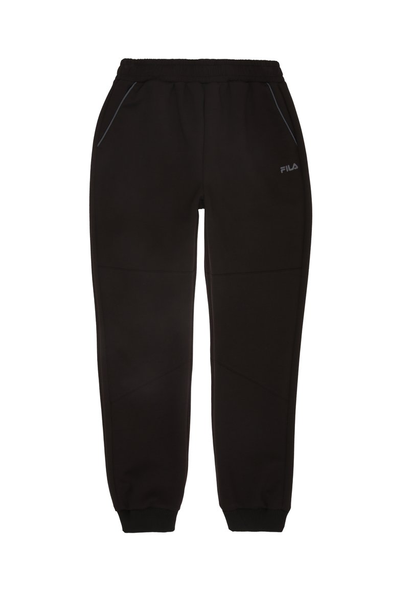 Svarta sweatpants av mjukt tyg, med elastisk midjeband, avsmalnande mudd och subtila stickningar, samt en logo på höften.