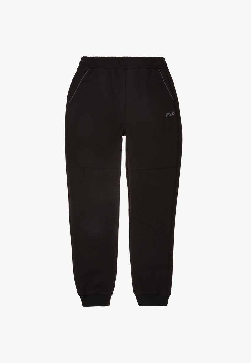 Zwarte sweatpants gemaakt van zacht materiaal, met een elastische tailleband, taps toelopende boorden en subtiele stikseldetails, met een logo op de heup.