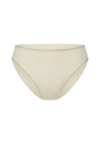 Hellbeige Bikini-Unterteile aus strukturiertem Stoff mit dünnen goldenen Akzenten entlang des Bunds und der Ränder. Schlichte, vollwertige Passform.