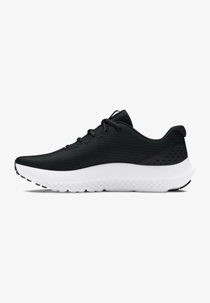 Black athletic shoes with a breathable mesh upper, padded collar, and white rubber sole featuring textured detailing and a smooth profile.
