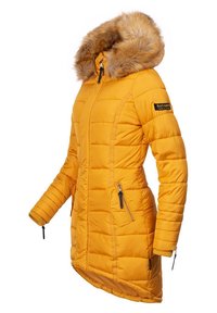Yellow puffer jacket featuring a fur-lined hood, zippered pockets, ribbed cuffs, and a slightly elongated back for added coverage.