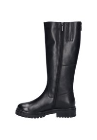 Bottes hautes en cuir noir avec une finition lisse, fermeture éclair latérale, panneau texturé et semelle en caoutchouc durable conçue pour le confort et la stabilité.