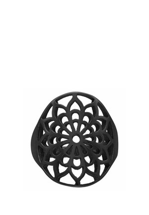 Black circular ring with an open, intricate floral pattern resembling a symmetrical mandala design.