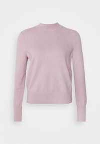 Pull tricoté rose clair avec un col montant, des manches longues et une taille cintrée. Texture lisse avec des accents côtelés au niveau du col et des poignets.