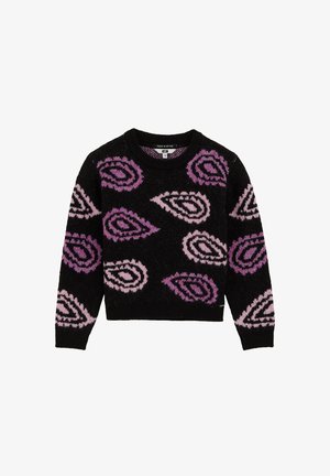 Melnā džemperis ar purpura un rozā paisley rakstu, apaļš kakls, garas piedurknes un teksturēta adīta auduma.