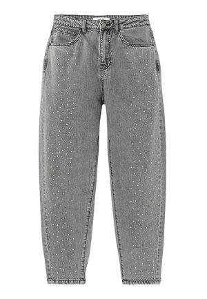 Jean en denim gris taille haute avec une coupe ample, ornés de clous en argent disposés en motif sur les côtés.