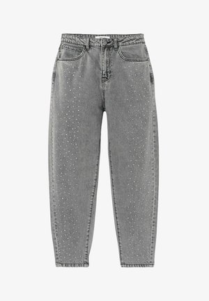 Jean en denim gris taille haute avec une coupe ample, ornés de clous en argent disposés en motif sur les côtés.