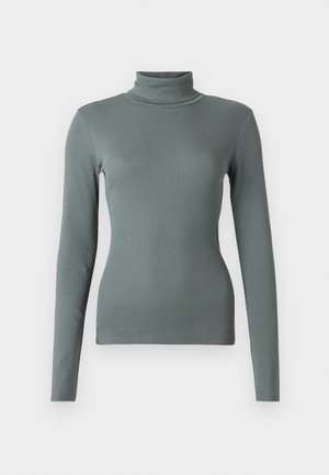 Dlhý rukáv, turtleneck top vyrobený z mäkkej, textúrovanej zelenej rebrovanej látky. Priliehavý dizajn s vysokým golierom a bezšvovou konštrukciou po celom obvode.
