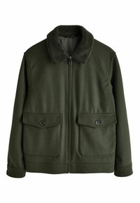 Dark green zip-up jacket with two front buttoned pockets and a textured fleece collar, long sleeves, and a straight hem.